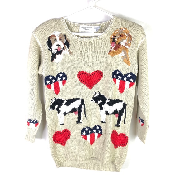 Marisa Christina Sweaters - Vintage Dog Cow American Flag Heart Knit Sweater